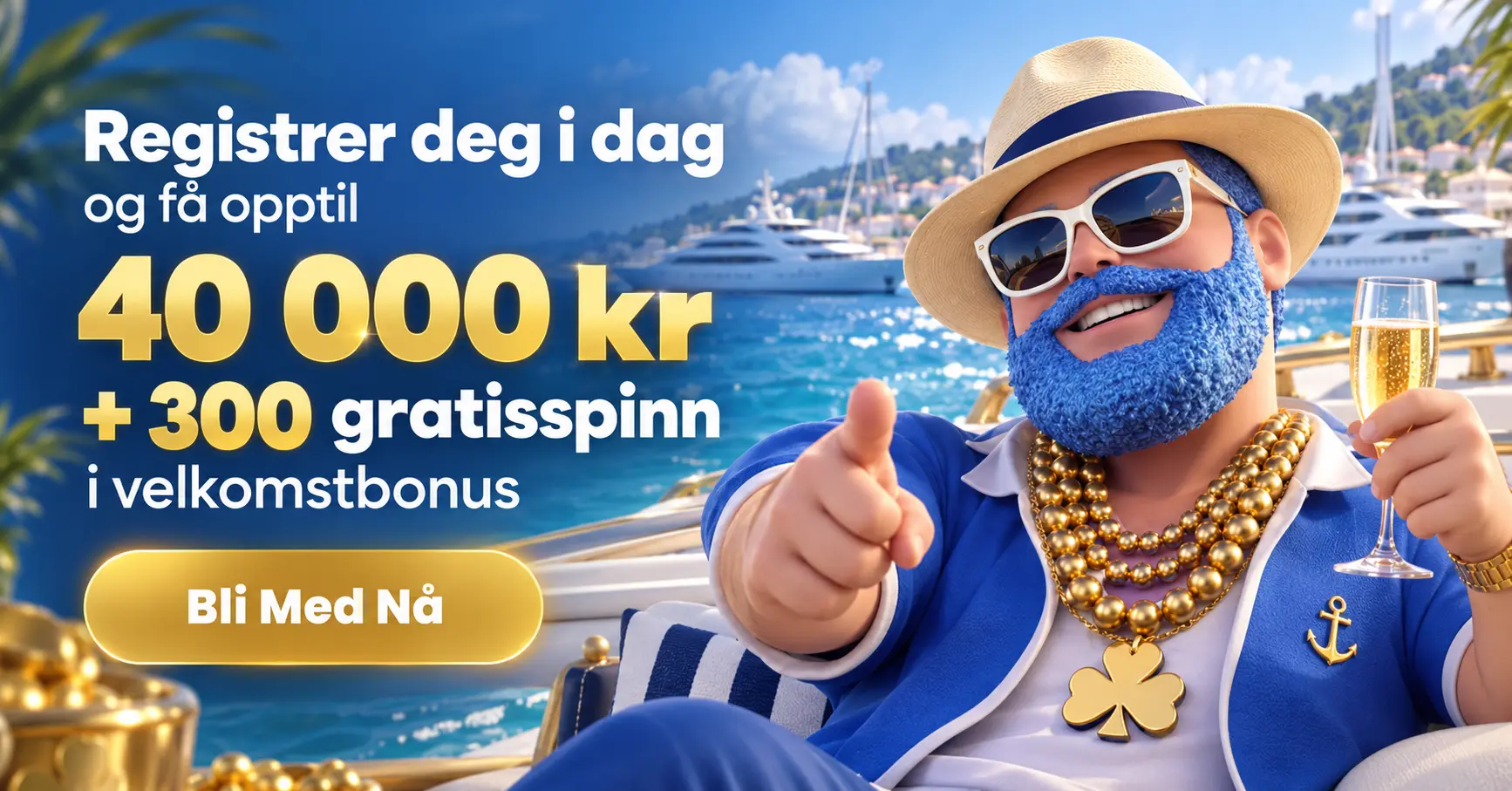 Lukki Casino velkomstbanner med Mr. Lukki på yacht og teksten Registrer deg i dag og få opptil 40 000 kr pluss 300 gratisspinn i velkomstbonus
