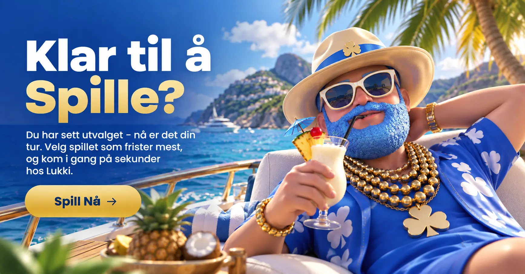 Lukki Casino banner med Mr. Lukki på yacht og teksten Klar til å spille, velg spillet som frister mest og kom i gang på sekunder hos Lukki