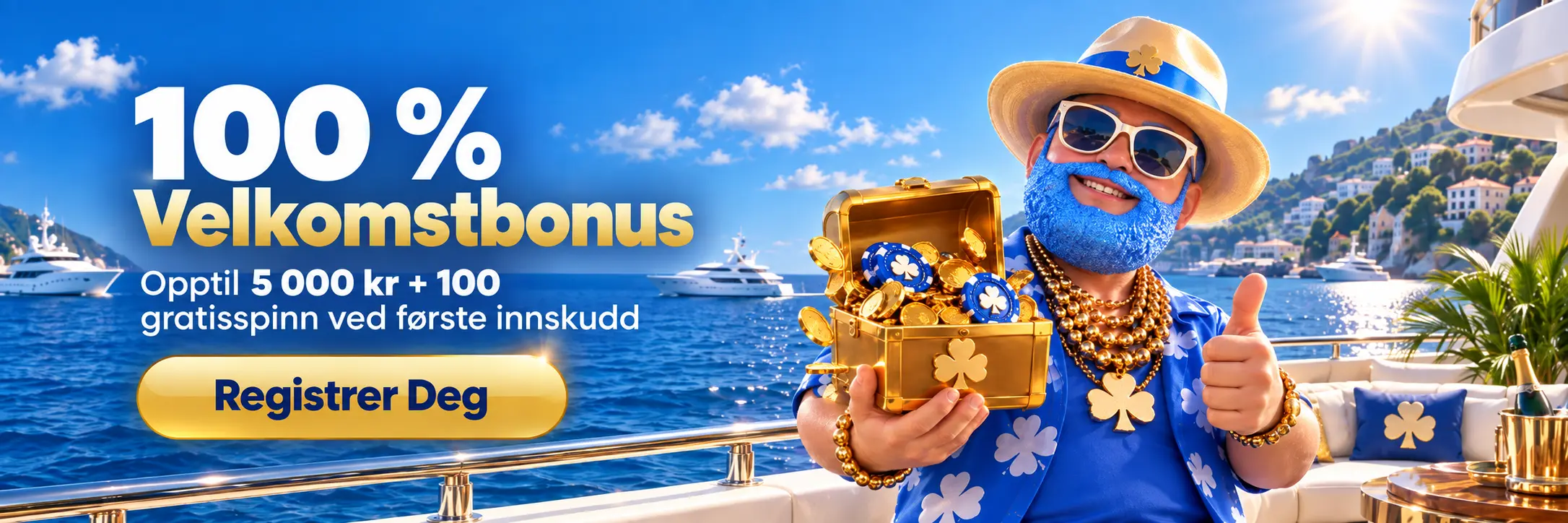 Lukki Casino velkomstbanner med Mr. Lukki på yacht med gullkiste og teksten 100% velkomstbonus opptil 5000 kr pluss 100 gratisspinn ved første innskudd