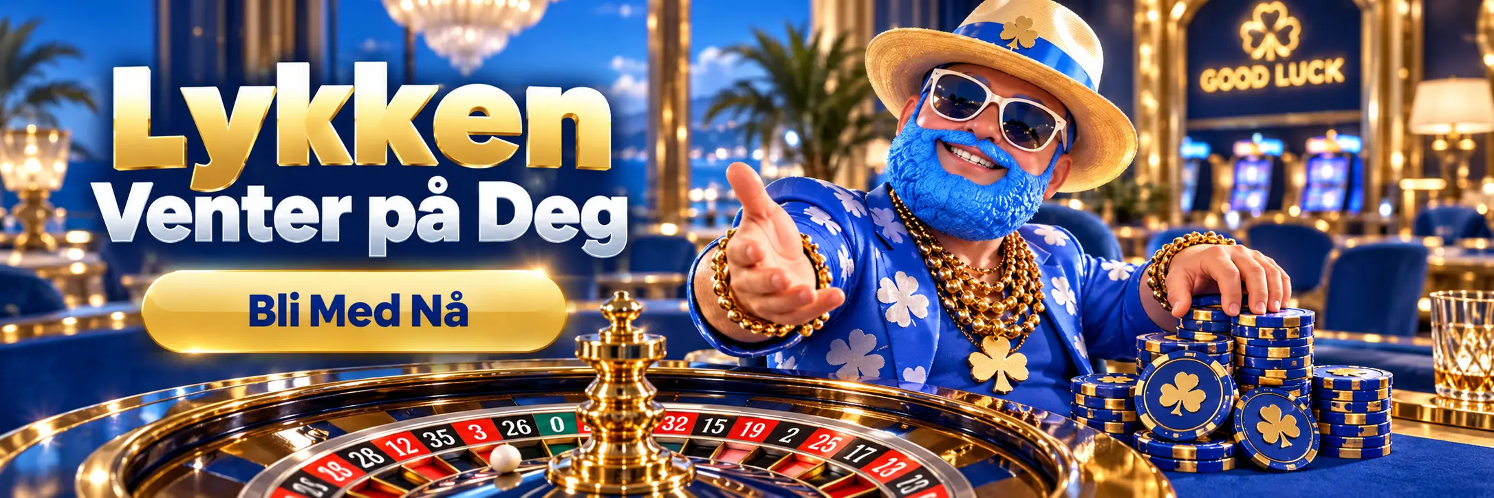 Lukki Casino banner med Mr. Lukki ved rulettbord og teksten Lykken venter på deg, bli med nå